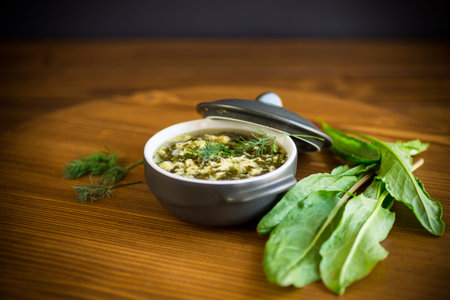fresh spring organic soup with green sorrel and egg in a plate on a wooden table