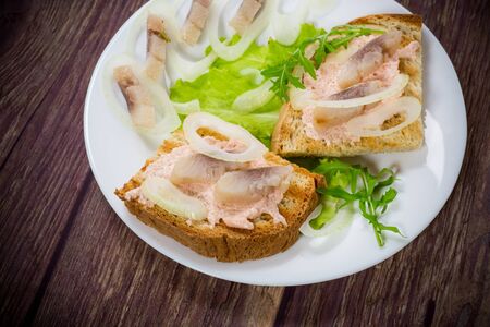 sandwich with salad, herring and herbs with onions in a plateの写真素材