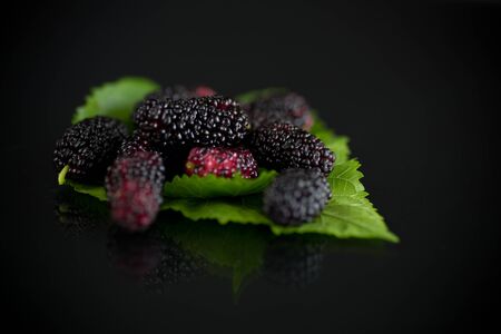 Mulberry berry with leaf on black backgroundの写真素材