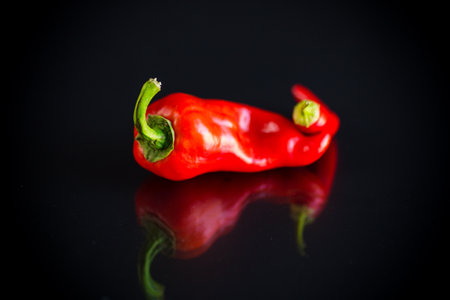 two hot spicy cayenne peppers on black backgroundの写真素材