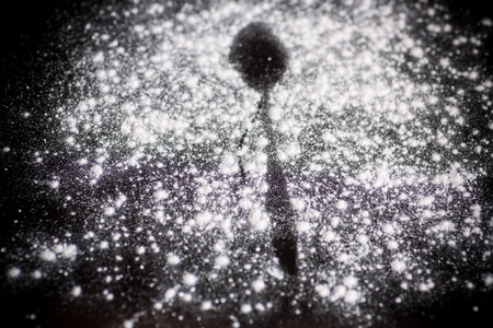 sweet white icing sugar and spoon trace on black background