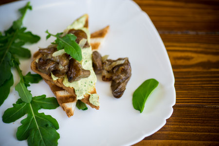 Fried toast with cheese spread, arugula and fried mushrooms in a plateの写真素材