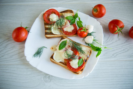 fried hot toast with mozzarella and tomatoes in a plate on a wooden tableの写真素材