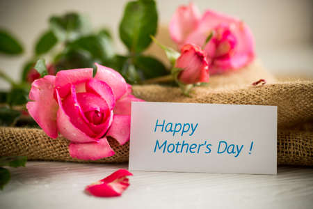 pink beautiful summer roses on wooden tableの写真素材