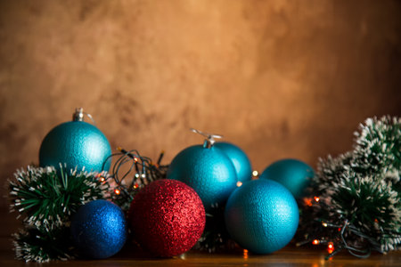 Christmas card. New Year's card, close-up. New Year's colorful toys in a box with decorations.の写真素材
