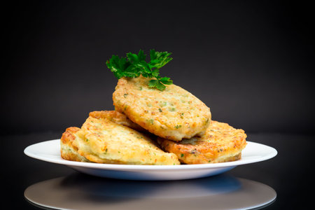 cooked fried potato cutlets with herbs, in a plate isolated on a black background.