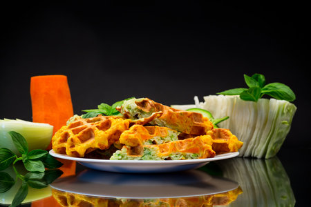 cooked two-color vegetable waffles made from cabbage and carrots, in a plate isolated on black backgroundの写真素材