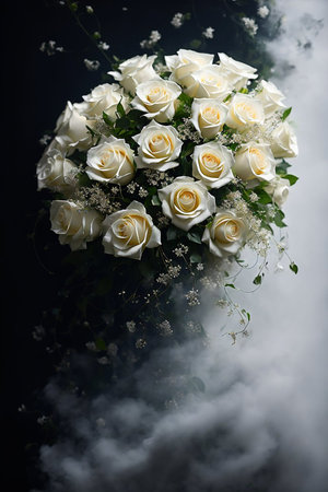 bouquet of white roses on an abstract black and white background. AI-generated image.の素材