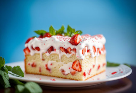 strawberry cake with cream in a plate. AI generated image.の素材