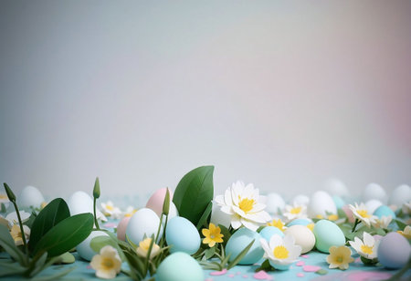 Easter card with painted colored eggs. AI generated image.の素材