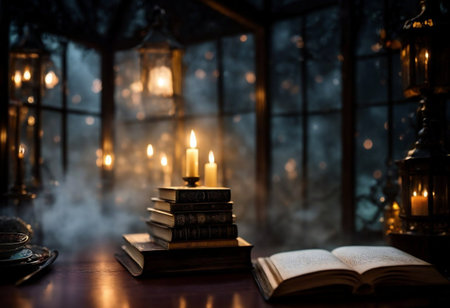old books in a magical style against a starry sky background.AI generated image.の素材