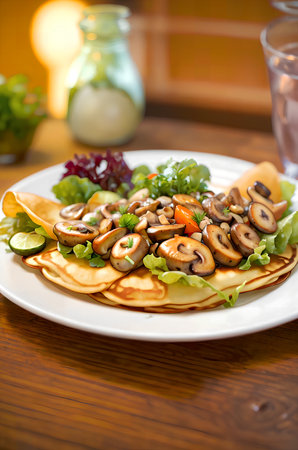cooked fried pancakes with mushrooms and herbs on a wooden table. AI generated image.の素材