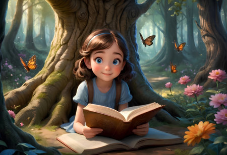 Ultra realistic portrait of a little girl reading a book, big round eyes. AI generated image.の素材