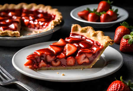 prepared sweet strawberry tart with a sprig of mint. AI generated image.の素材
