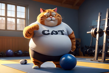 A fat cat in a T-shirt is doing sports in the gym .AI generated image.の素材