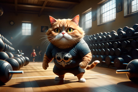 A fat cat in a T-shirt is doing sports in the gym .AI generated image.の素材