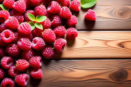 fresh raspberries on a wooden table. AI generated image.の素材
