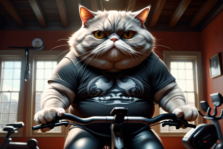 A fat cat in a T-shirt is doing sports in the gym .AI generated image.の素材