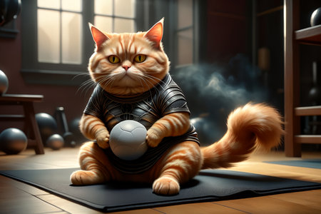A fat cat in a T-shirt is doing sports in the gym .AI generated image.の素材