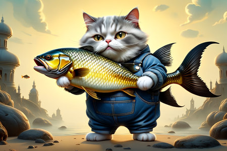 A fat cat with a big fish in its paws. Isolated on a yellow background. AI generated image.の素材