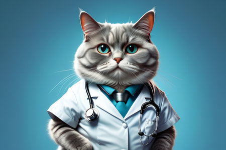 cat doctor isolated on a light blue background. AI generated image.の素材