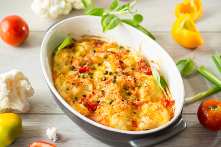cauliflower baked with sweet pepper and vegetables under cheese, in a ceramic baking dishの写真素材