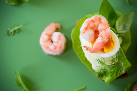 Sandwich with egg and shrimp on green background from above.の写真素材