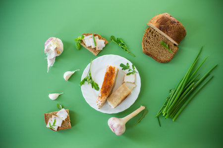 Classic Ukrainian snack with greens and homemade lard.の写真素材