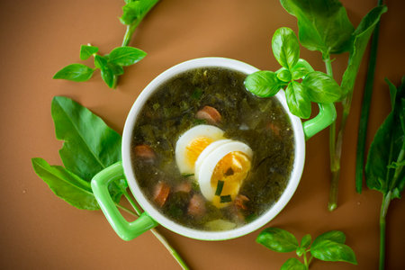 Traditional Ukrainian sorrel borscht with egg on brown background.の写真素材