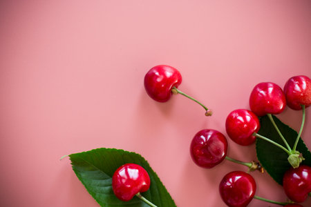 Ripe red cherries on pink background from above.の写真素材