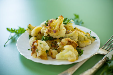 Vegetable dish of fried cauliflower with aromatic spices on a green background.の写真素材