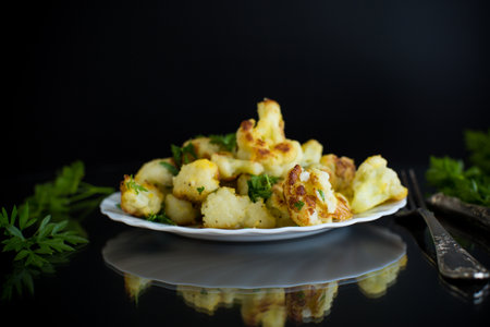 Fried cauliflower with spices and herbs on a black background.の写真素材