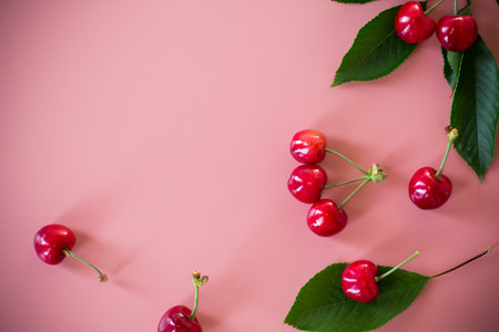 Ripe red cherries on pink background from above.の写真素材