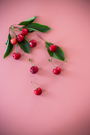 Bright cherries in minimalistic composition.の写真素材