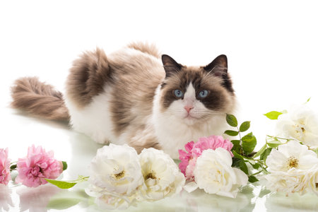 Ragdoll cat among roses on white background.の写真素材