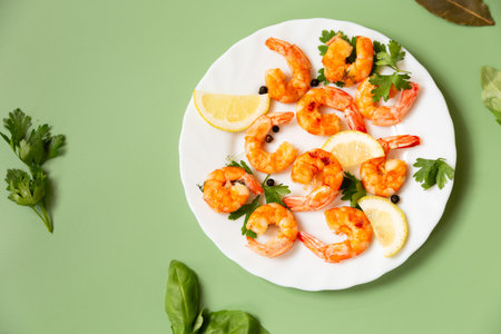 Cooking process of cooking shrimps with lemon in a plate isolated on green.の写真素材