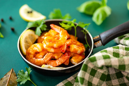 Pan-fried red shrimp with lemon.