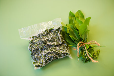 Vacuum packaging with sorrel and fresh greens nearby.の写真素材