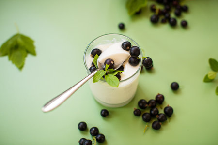 Aesthetic serving of yogurt with blackcurrant berries.の写真素材