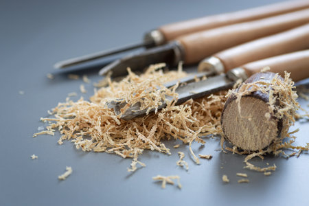 Hand tool and shavings after wood carving.