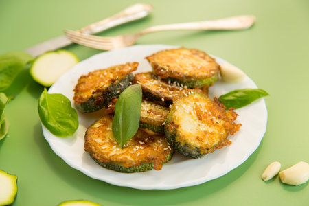 Fried zucchini with garlic and basil served hot.の写真素材