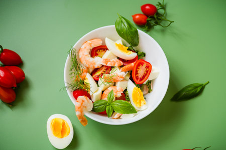 Culinary composition with shrimps, eggs and cheese on a green background.の写真素材