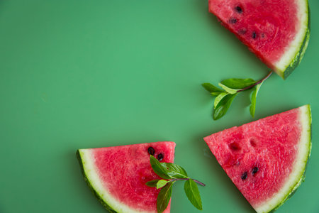 Healthy snack: close-up of watermelon triangles and mint.