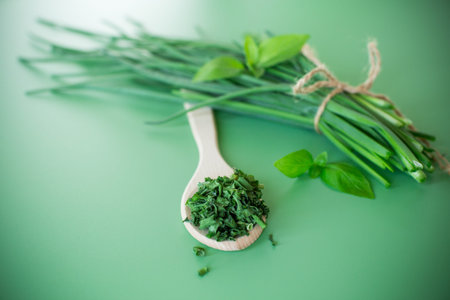 Natural seasonings from greens and onions on green background.