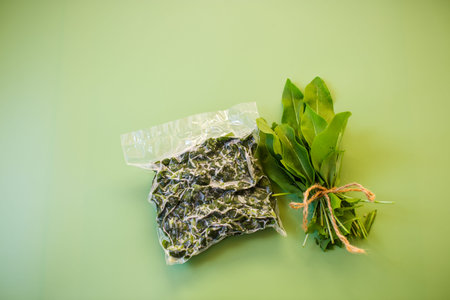 Frozen sorrel in a bag and a bunch of fresh sorrel.