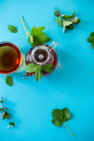 Natural green tea from fresh mint and current leaves.