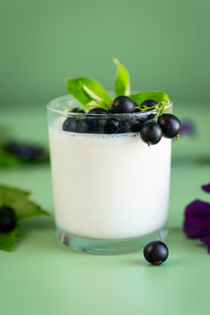 Blackcurrant and homemade yogurt in a transparent glass on a green background.の写真素材