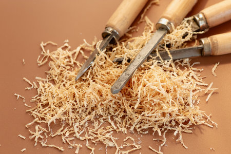 Chisel and wood in process.の写真素材