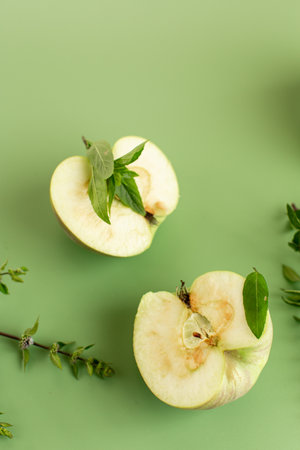 Green apples and fresh herbs on a minimalist background.の写真素材