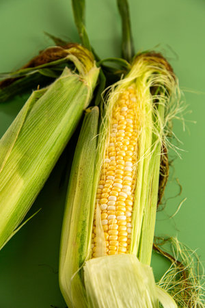macro image of corn cob with leaves and silk.